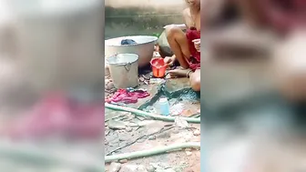 Slim Married Woman Bathing Naked Outside In The Village