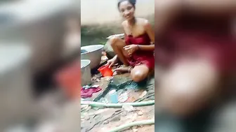 Slim Married Woman Bathing Naked Outside In The Village
