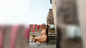 Chubby Wife Bathing Completely Naked On The Rooftop