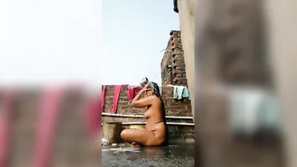 Chubby Wife Bathing Completely Naked On The Rooftop