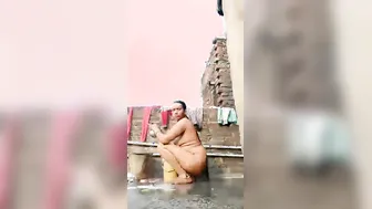 Chubby Wife Bathing Completely Naked On The Rooftop
