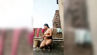 Village Wife Bathing Outside While Someone Films Her Secretly
