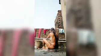 Village Wife Bathing Outside While Someone Films Her Secretly