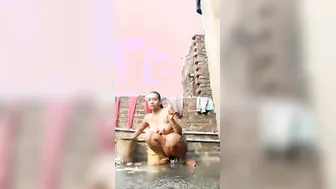 Village Wife Bathing Outside While Someone Films Her Secretly