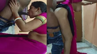 Wife In Pink Saree Giving Messy Blowjob To Lover In Bedroom