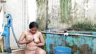 Desi Housewife With Big Tits Bathing Outdoors In The Open