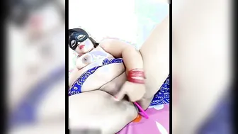 Naughty Bhabhi Wearing Mask Using Dildo Then Pissing On Floor