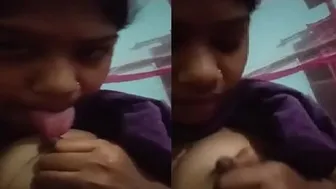 Horny Girl Showing Tits And Licking Nipples On Selfie Cam