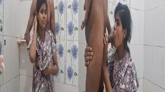 Busty GF Sucking In Bathroom While Family Is Outside