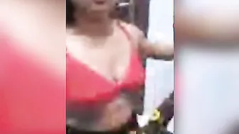 She Removes Her Red Bra Showing Perfect Tits In Bathroom