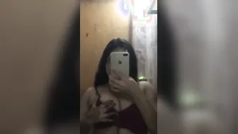 Topless GF Admiring Her Huge Tits In Bedroom Mirror