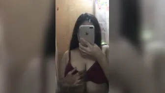 Topless GF Admiring Her Huge Tits In Bedroom Mirror