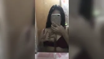 Topless GF Admiring Her Huge Tits In Bedroom Mirror