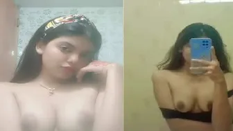 Shy College Babe Showing Her Perky Boobs In Bathroom Mirror