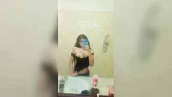 Shy College Babe Showing Her Perky Boobs In Bathroom Mirror