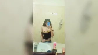Shy College Babe Showing Her Perky Boobs In Bathroom Mirror