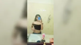 Shy College Babe Showing Her Perky Boobs In Bathroom Mirror