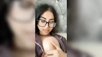 Cute GF In Glasses Showing Off Her Massive Tits Topless