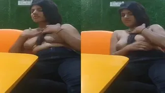 GF Sitting Topless At Restaurant Teasing With Her Body