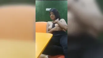GF Sitting Topless At Restaurant Teasing With Her Body