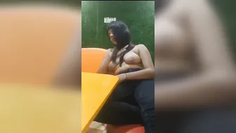 GF Sitting Topless At Restaurant Teasing With Her Body