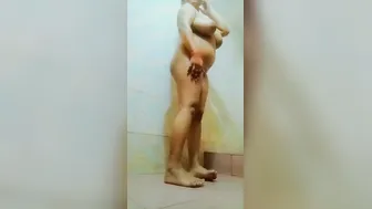 Busty GF Stripping Naked Showing Off Tits In Bathroom