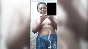 Topless Bhabi In Shower Exposing Perky Tits To Camera