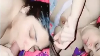 Wife With Perfect Skin Giving Topless Blowjob To Hubby