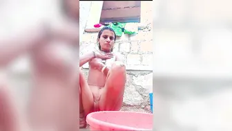 Slim Village Wife Bathing Naked Outdoors On Camera
