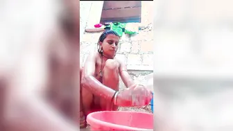 Slim Village Wife Bathing Naked Outdoors On Camera