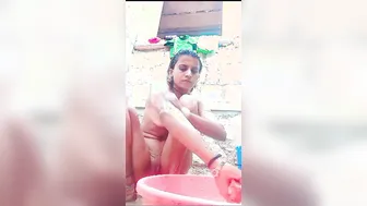 Slim Village Wife Bathing Naked Outdoors On Camera