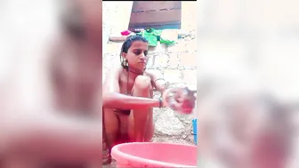 Slim Village Wife Bathing Naked Outdoors On Camera