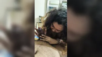 Curly Haired Girl Giving Naked Blowjob To Older Man