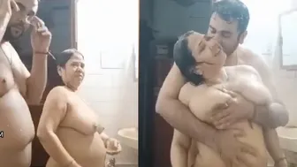 Naked Couple Bathing Together Before Standing Fuck Session