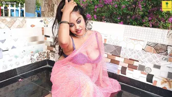 Sexy Babe Flaunting Curves In Pink Saree And Blue Bra Top