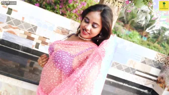 Sexy Babe Flaunting Curves In Pink Saree And Blue Bra Top