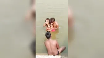 Desi Babe Splashing Naked River Bath Boys Groping Tits