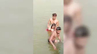 Desi Babe Splashing Naked River Bath Boys Groping Tits