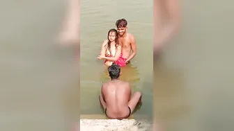 Desi Babe Splashing Naked River Bath Boys Groping Tits