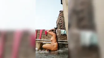 Chubby Indian Wifey Lathers Naked Body On Village Rooftop