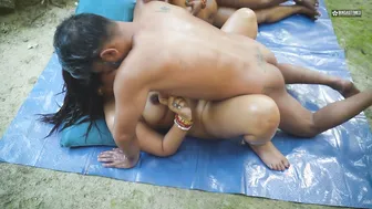 Perverted Indian Father Enjoys Outdoor Oil Massage From Both Daughters
