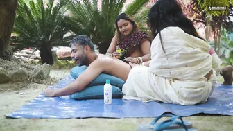 Perverted Indian Father Enjoys Outdoor Oil Massage From Both Daughters