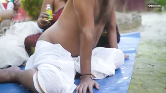 Perverted Indian Father Enjoys Outdoor Oil Massage From Both Daughters
