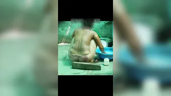 Stepsister Bathes Nude In Open Courtyard Wearing Red Shorts As He Watches Hidden