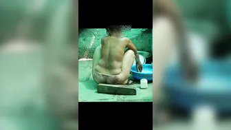 Stepsister Bathes Nude In Open Courtyard Wearing Red Shorts As He Watches Hidden