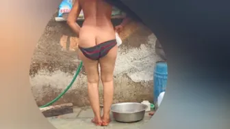 Indian Stepsister Bathing In Her Underwear In The Open Bathroom