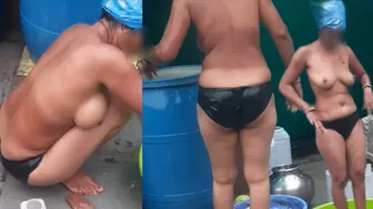 Indian Stepsister Bathing In Wet Bra Outdoors While He Watches From Behind