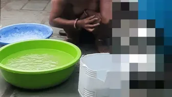 Indian Stepsister Bathing In Wet Bra Outdoors While He Watches From Behind