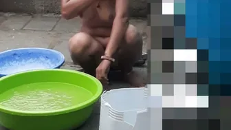Indian Stepsister Bathing In Wet Bra Outdoors While He Watches From Behind