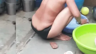 Indian Stepsister Bathing In Wet Bra Outdoors While He Watches From Behind